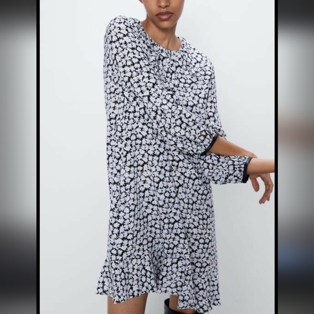 Zara Black White Ditsy Floral Long Sleeve Ruffled Dress Size Small